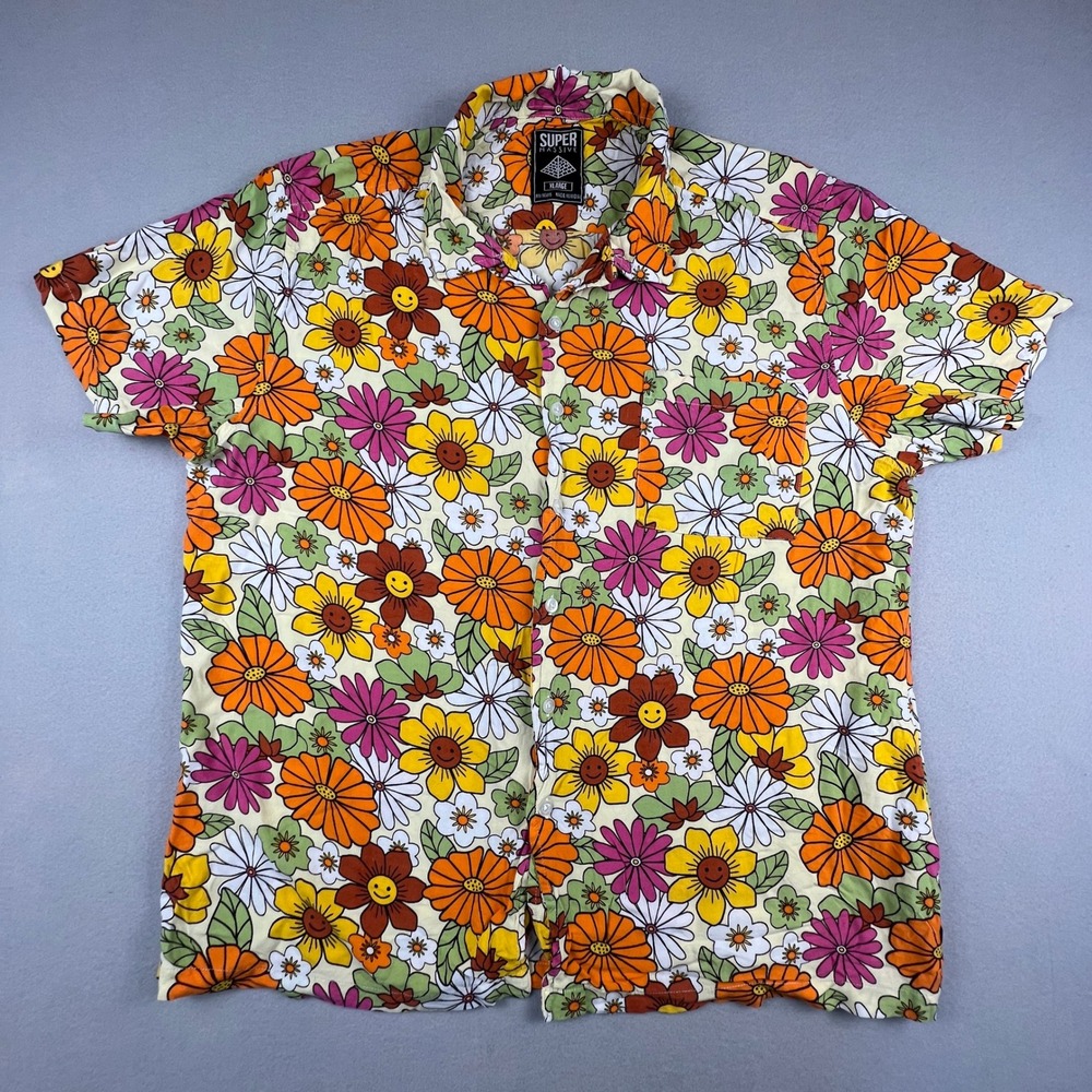 Super Massive Button Down Shirt Mens XL Floral Smiley Face Retro 70s Indie Aloha